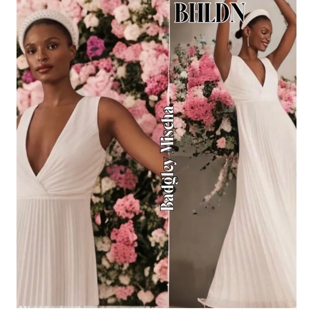 BHLDN x Badgley Mischka Sloane Size 6 Ivory Pleated Maxi Wedding Dress - Picture 2 of 13